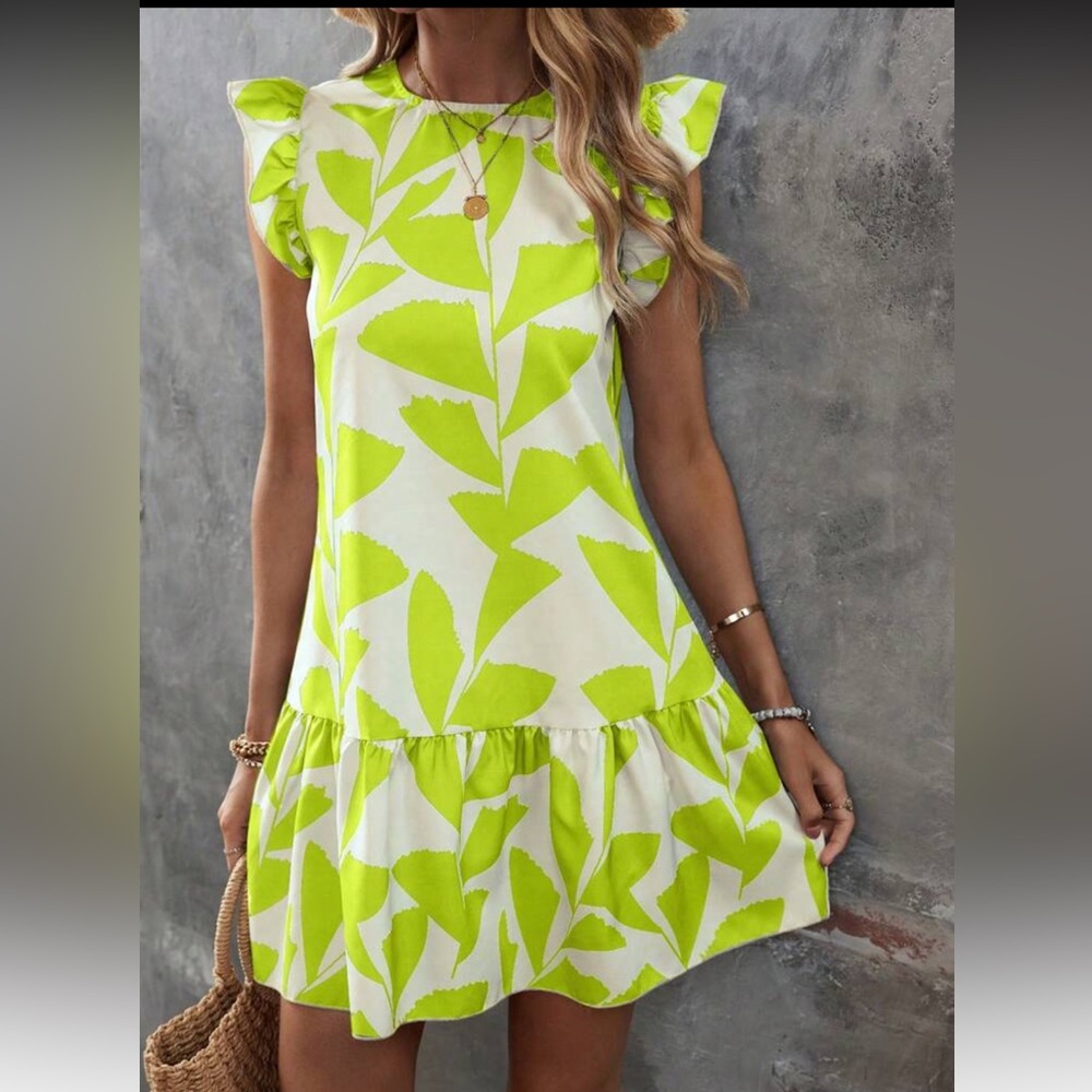 SHEIN Lime Green Leaf Pattern Mini Dress